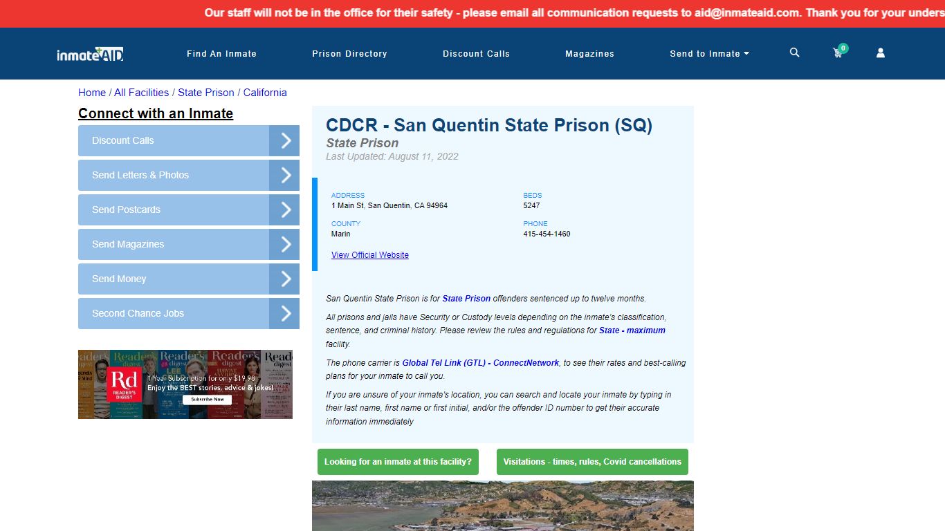 CDCR - San Quentin State Prison (SQ) & Inmate Search - San ...